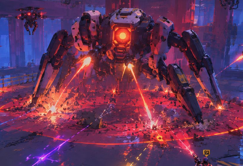 Omnidrone Prime, a giant four-legged robot boss firing lasers