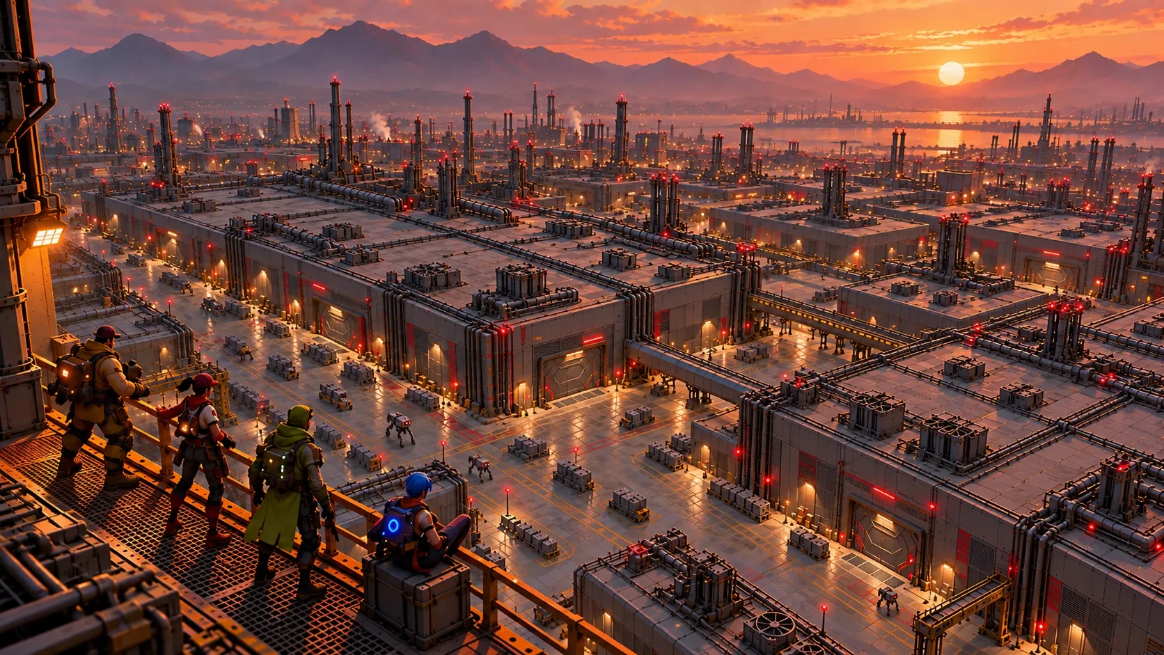 The crew looks out over the factory at dusk